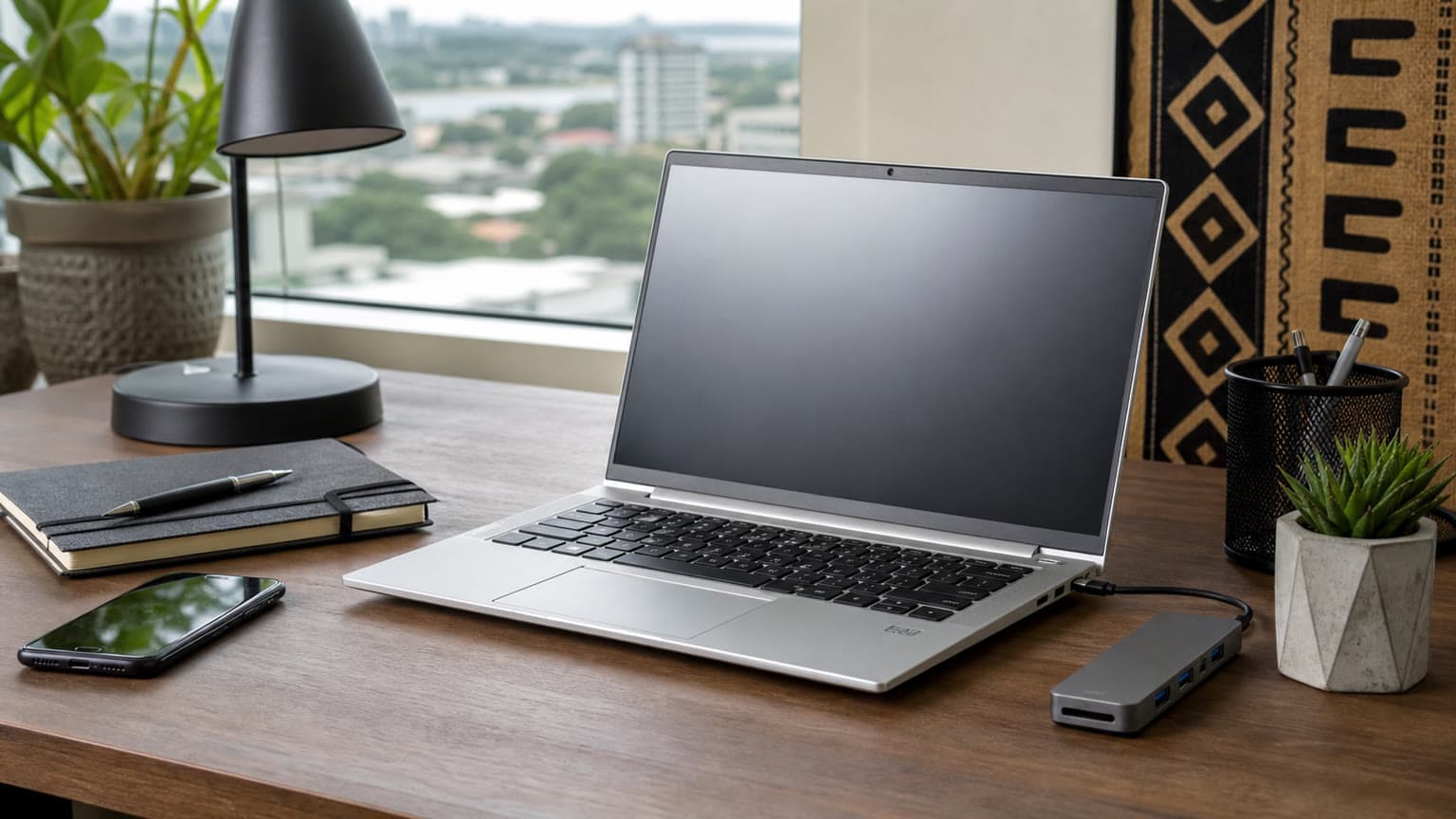 HP EliteBook 840 G9 styled as a compact silver business laptop on a Nigerian work desk
