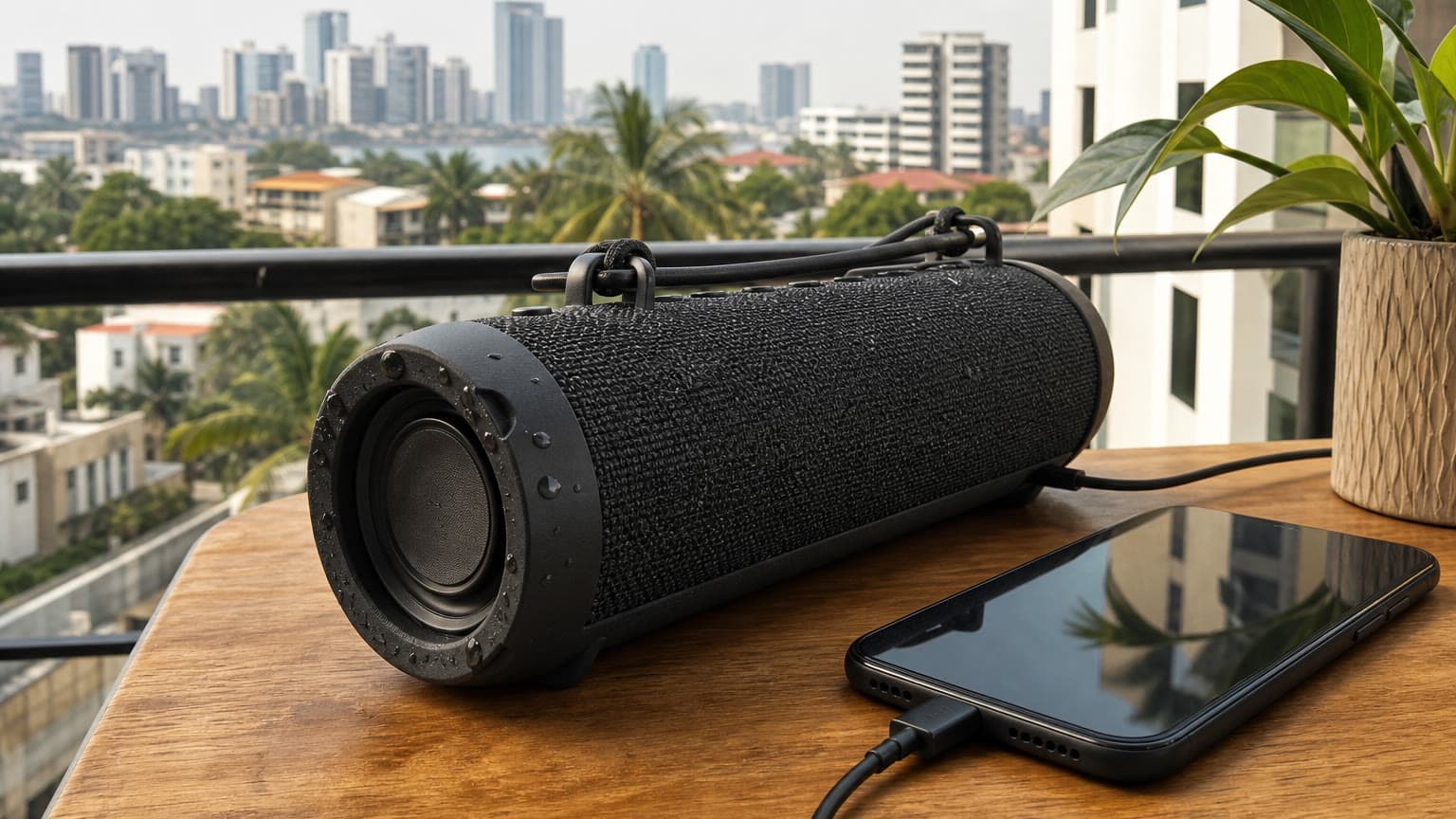 Rugged portable Bluetooth speaker on a Lagos balcony charging a phone by USB-C