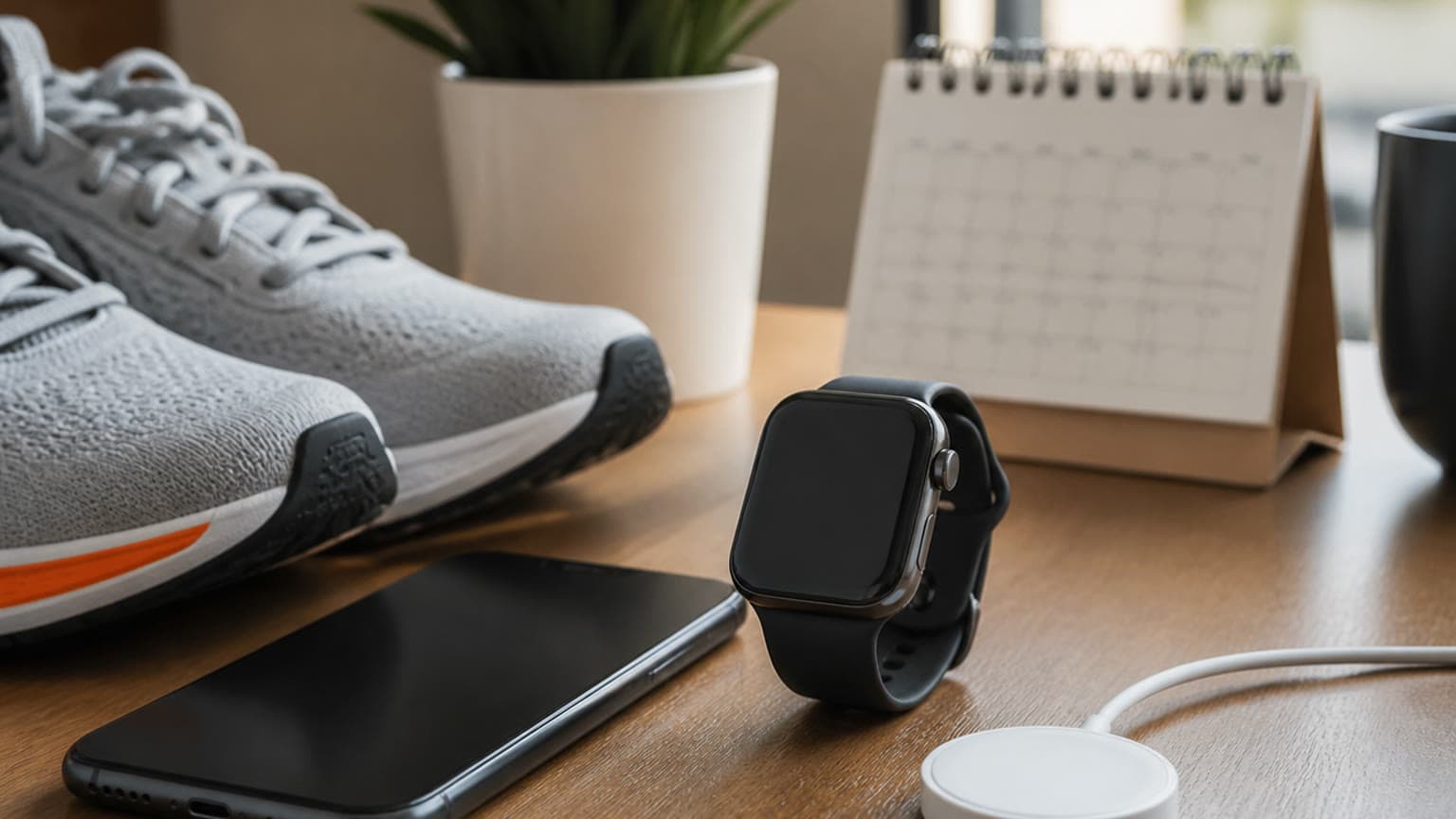 Apple Watch-style smartwatch on a desk with fitness shoes, phone and charging puck