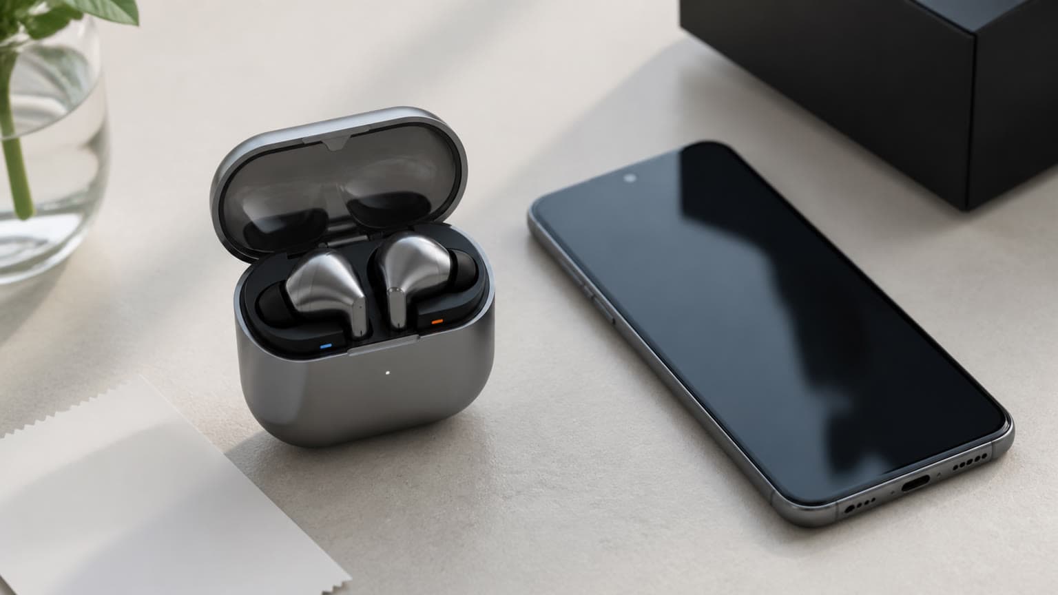 Samsung-style premium wireless earbuds on a clean table beside a Galaxy phone with no logos or text