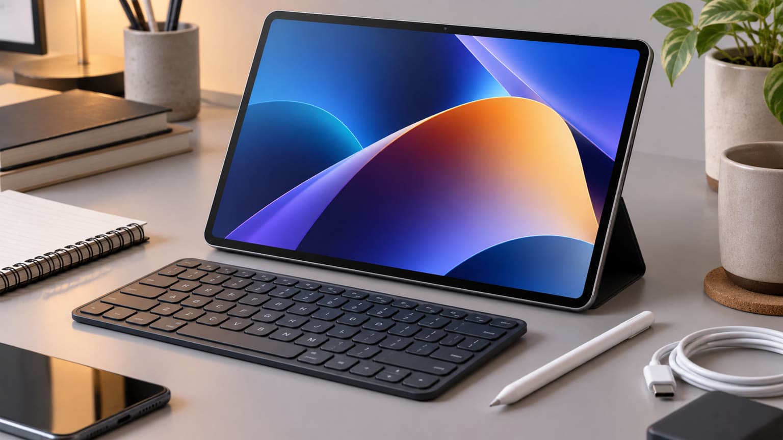 Xiaomi Pad 9 Pro Max style large tablet on a desk beside a keyboard and stylus, no logos or text