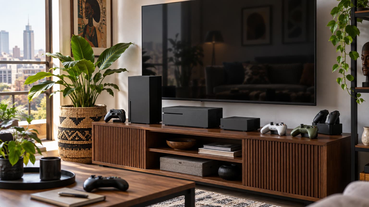 A modern living room gaming setup with multiple console-shaped devices and controllers on a clean media stand