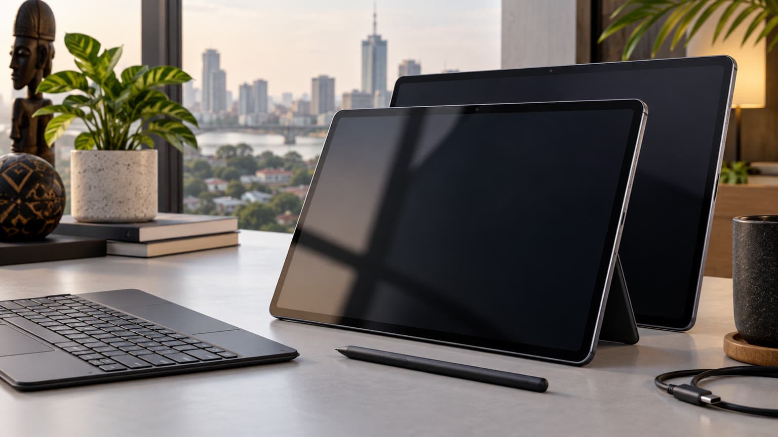 Premium large-screen Samsung-style tablet with stylus and keyboard accessories on a clean desk, no logos or text