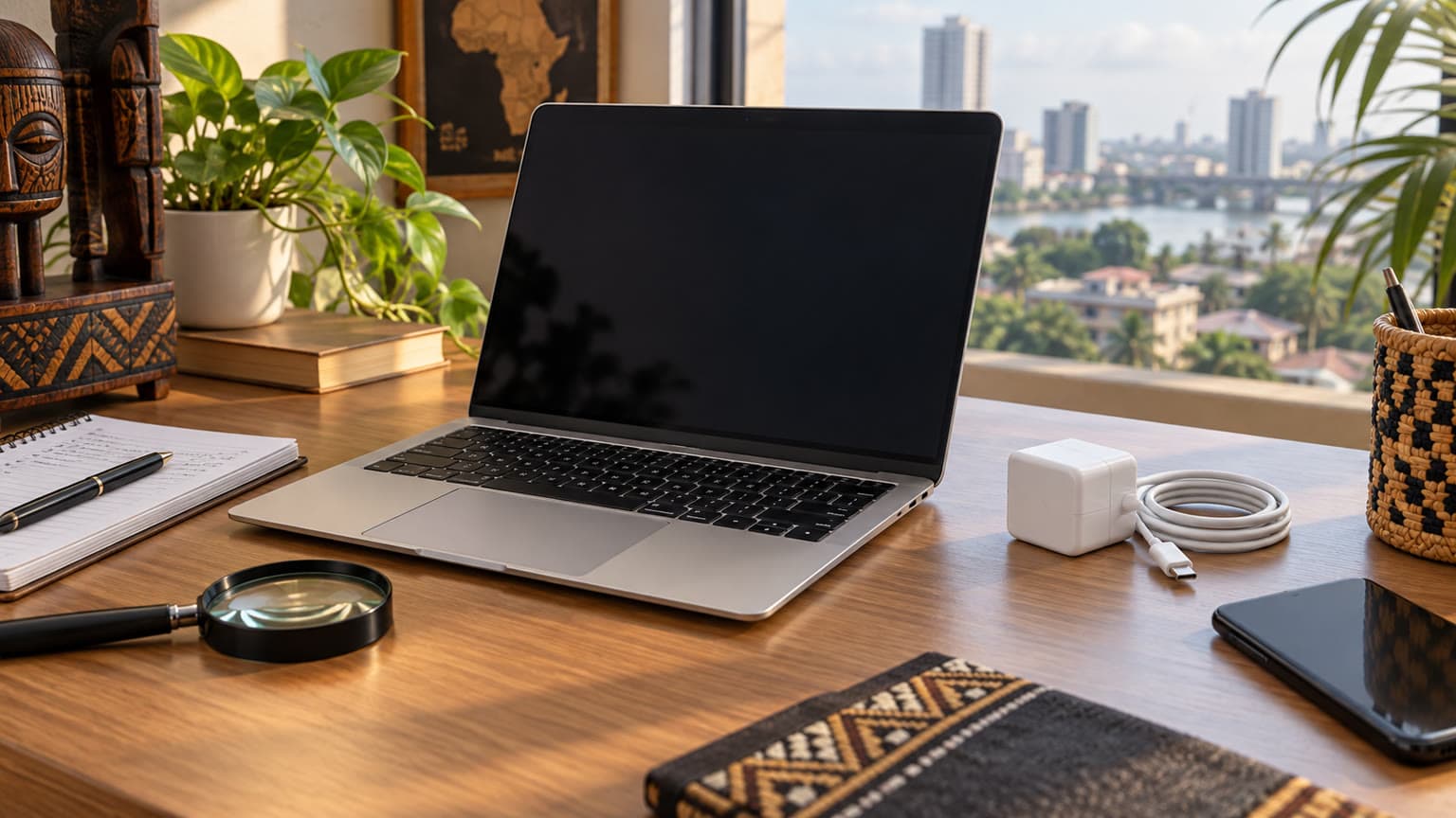 Editorial image of a silver 13-inch laptop on a tidy desk with charger and inspection notes nearby