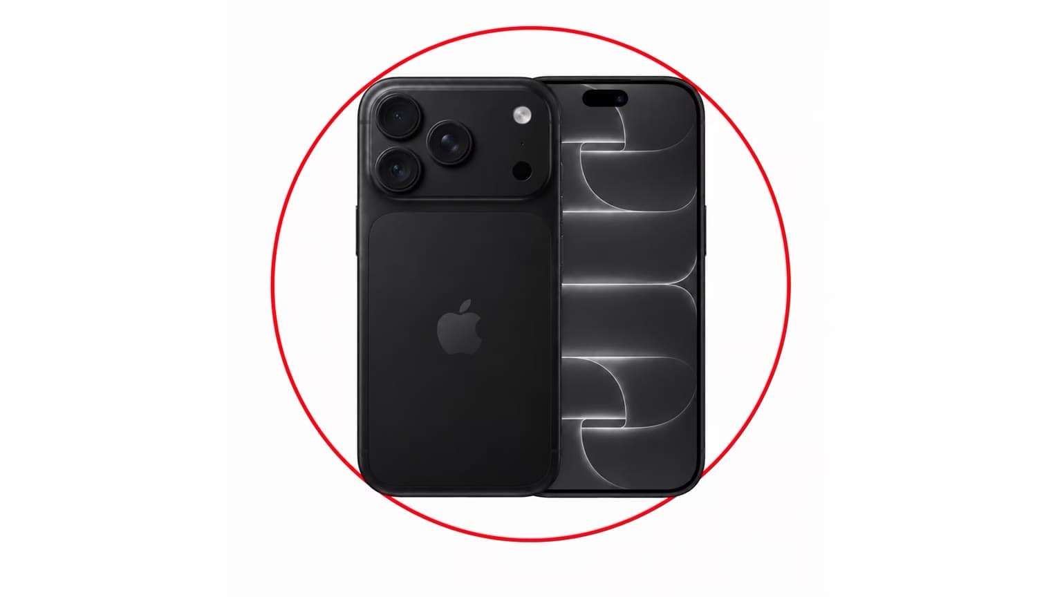 iPhone 18 Pro in black, front and back product photo with red highlight ring