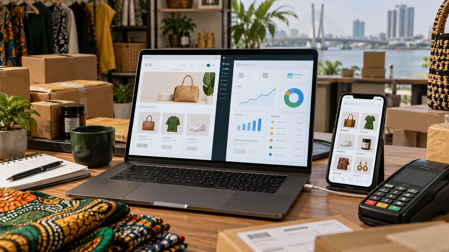 Conceptual illustration of a Nigerian merchant comparing two ecommerce platform dashboards on a laptop and phone