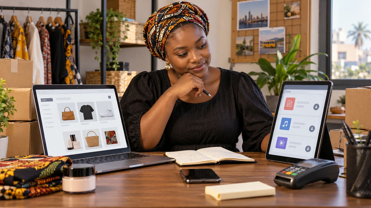 Conceptual illustration of a Nigerian merchant comparing a storefront workflow with a digital product workflow on separate devices