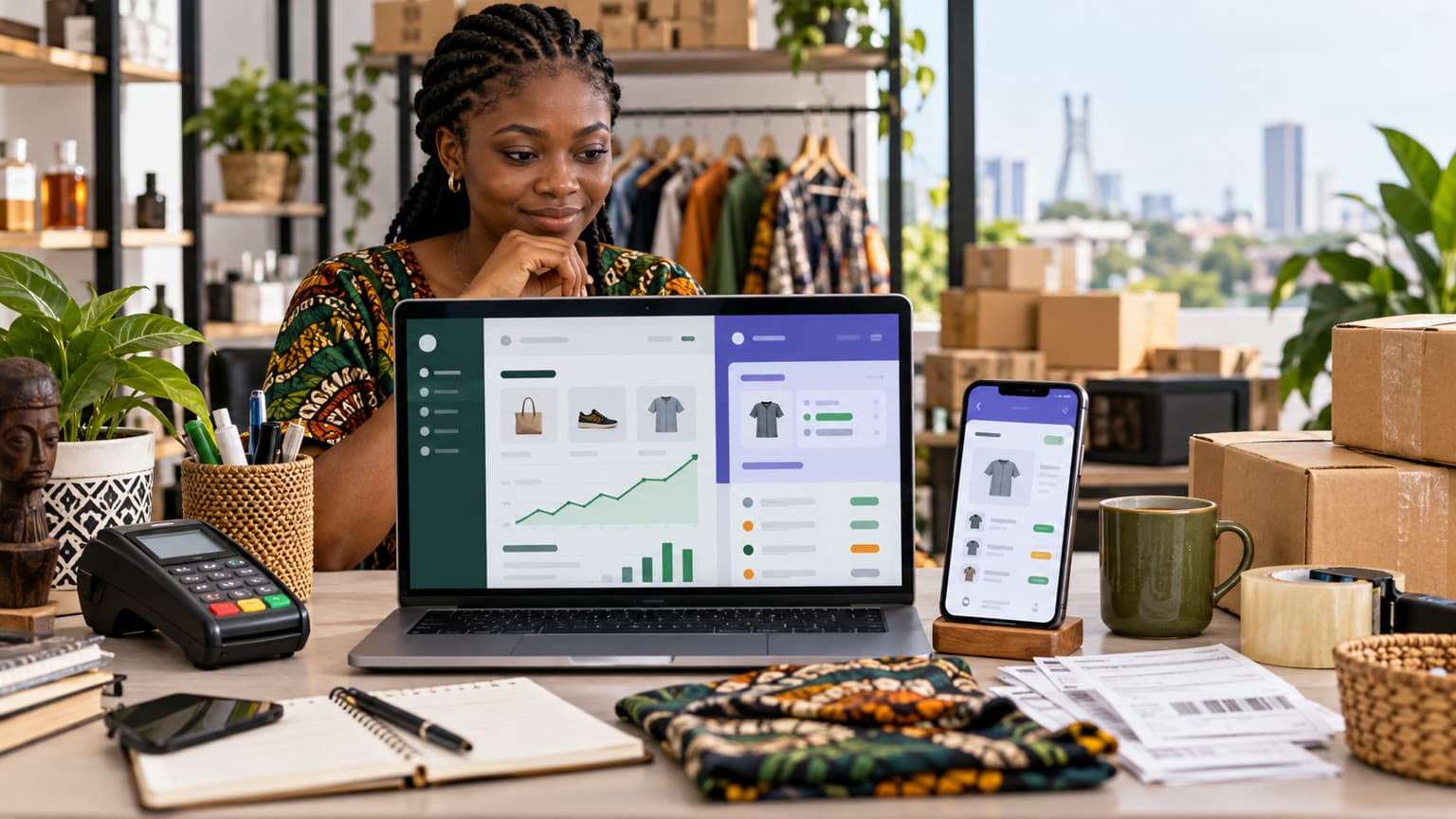 Conceptual illustration of a Nigerian merchant comparing two ecommerce platform workspaces on a laptop and phone