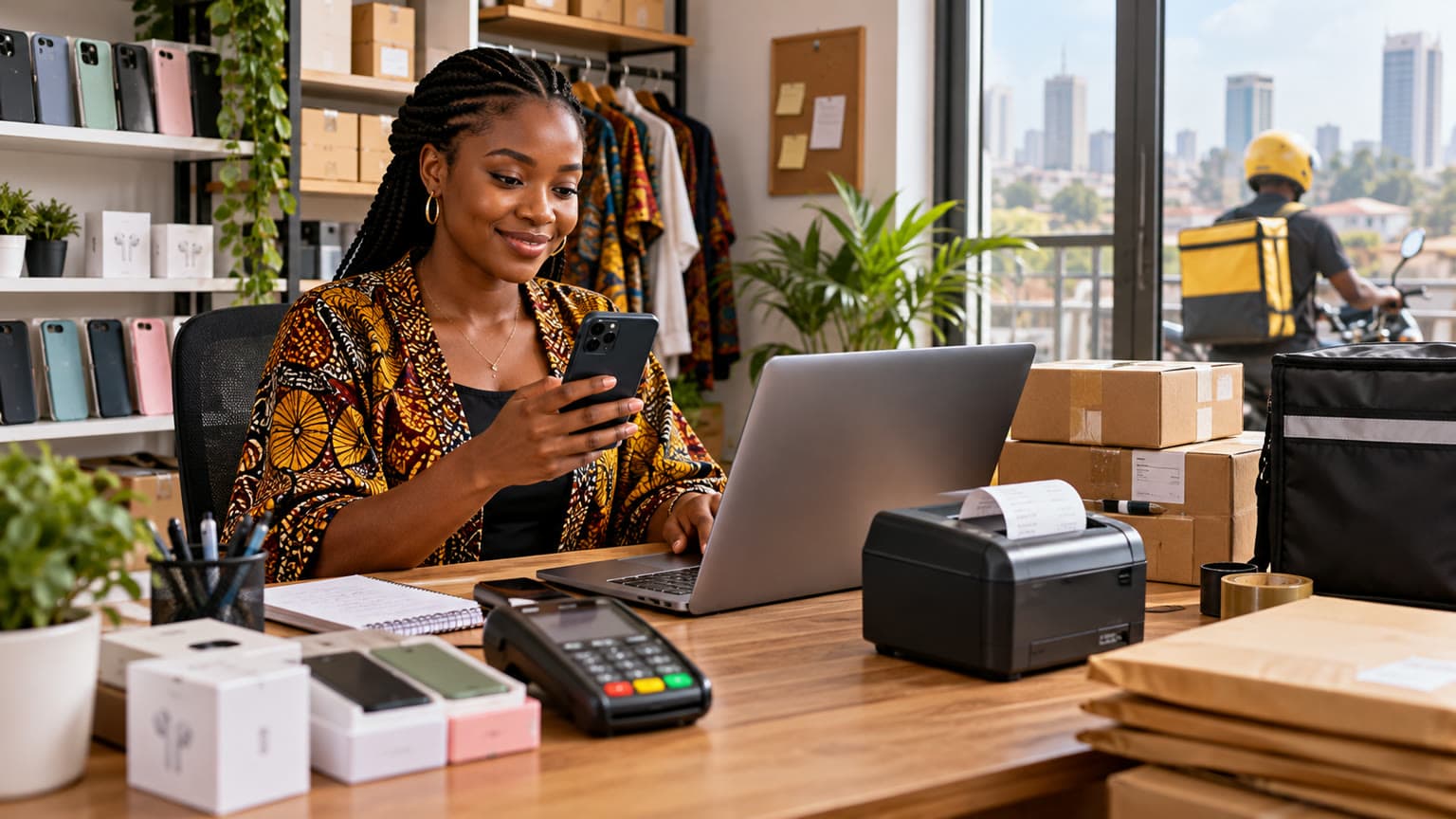 Conceptual illustration of a Nigerian merchant managing online orders, payments and delivery from one commerce workspace