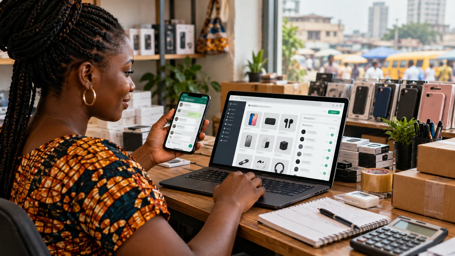Conceptual illustration of a Nigerian merchant using WhatsApp alongside an organized online storefront dashboard