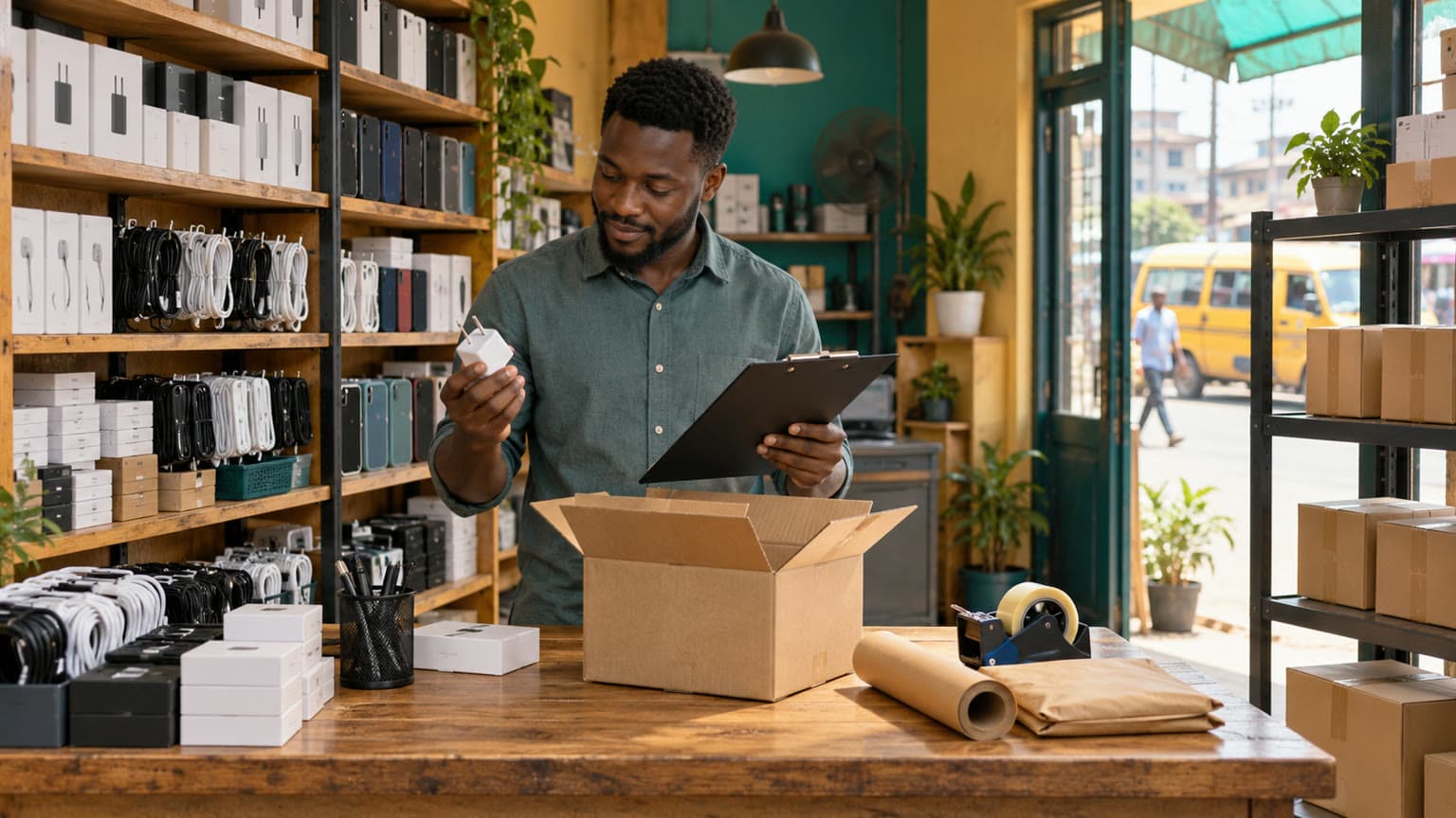Conceptual illustration of a Nigerian small retailer checking merchandise beside distinct stock, packing and dispatch areas