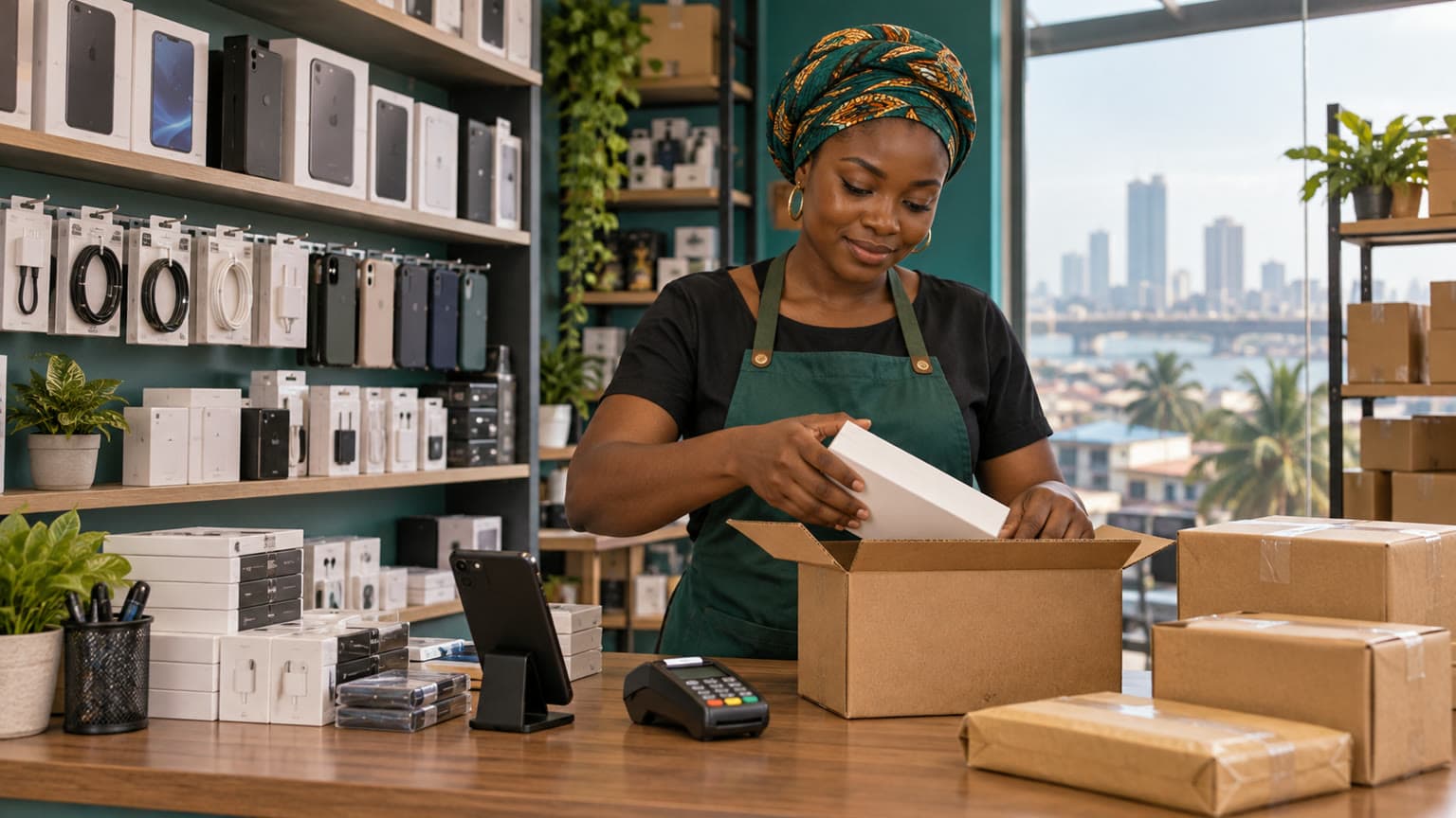 Conceptual illustration of a Nigerian merchant coordinating products, payments and packed orders at a shop counter