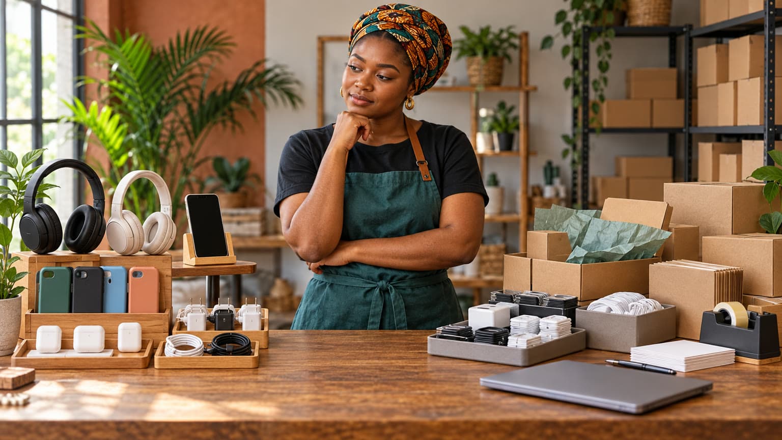 Conceptual illustration of a merchant comparing a small product display with a coordinated packing and order workspace