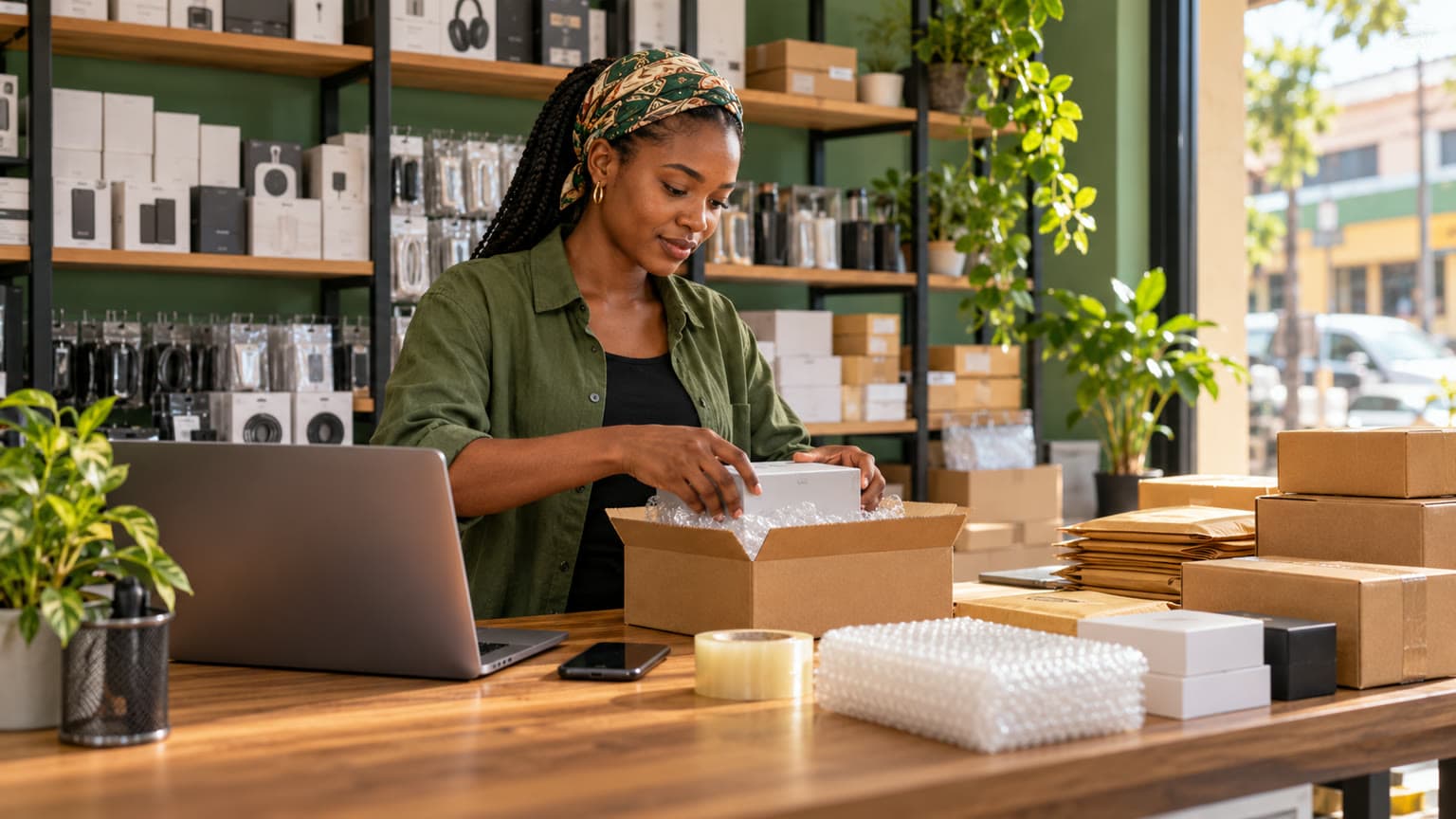 Conceptual illustration of a Nigerian merchant organising products, parcels and a business-owned shop