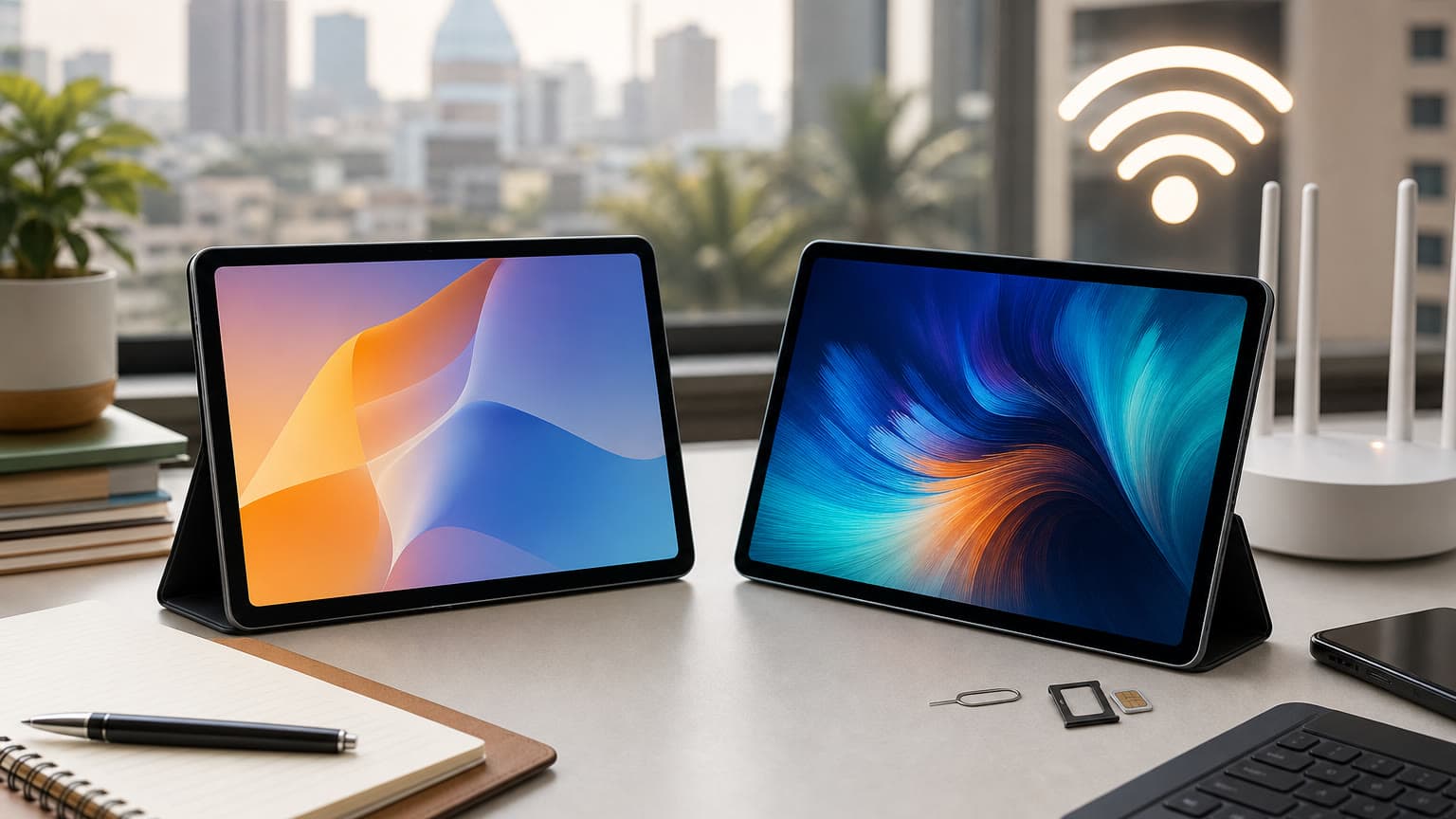 Two large Redmi-style tablets compared on a Nigerian desk setup