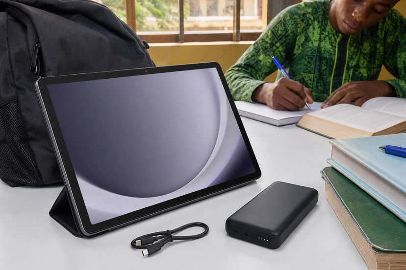 Large tablet beside books, power bank and USB-C cable for student battery use