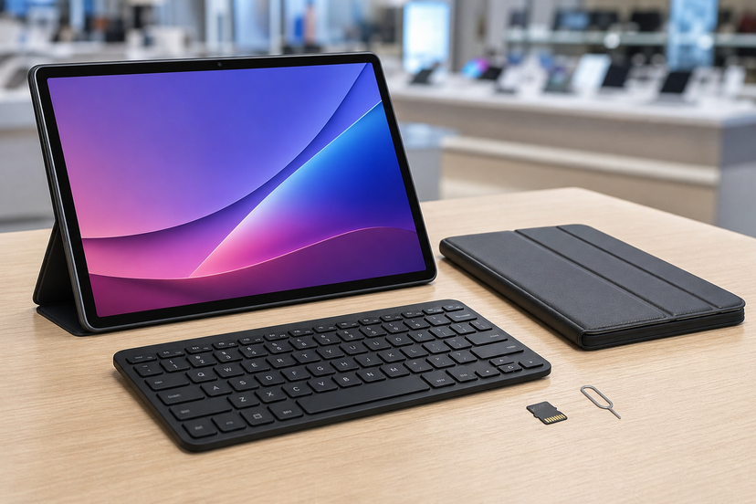 Tablet with Bluetooth keyboard, protective case, SIM tool and microSD card