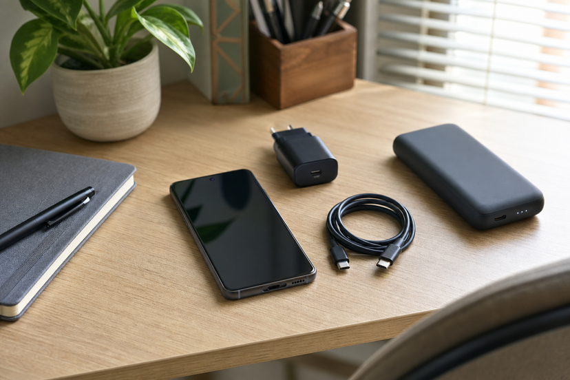USB-C charger, cable and power bank beside a premium smartphone