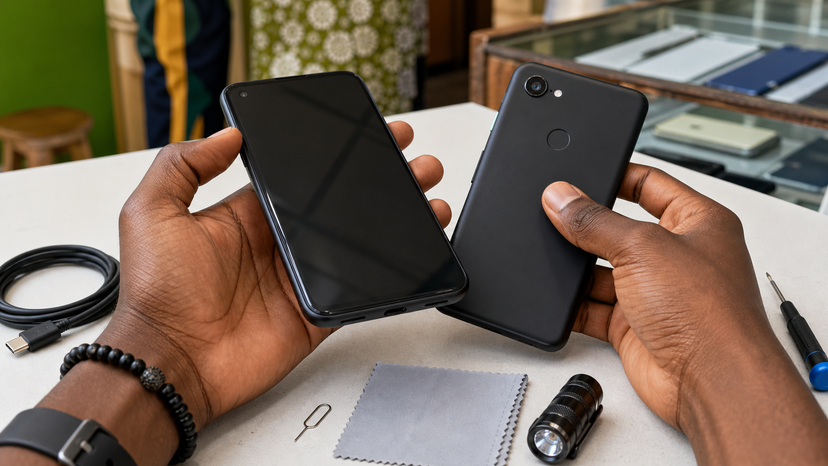 Close inspection of a compact smartphone display, charging port and camera before buying used