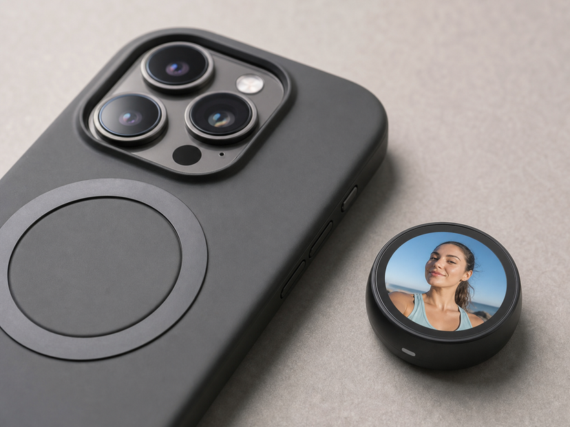 A smartphone camera module beside a small round wireless selfie preview screen