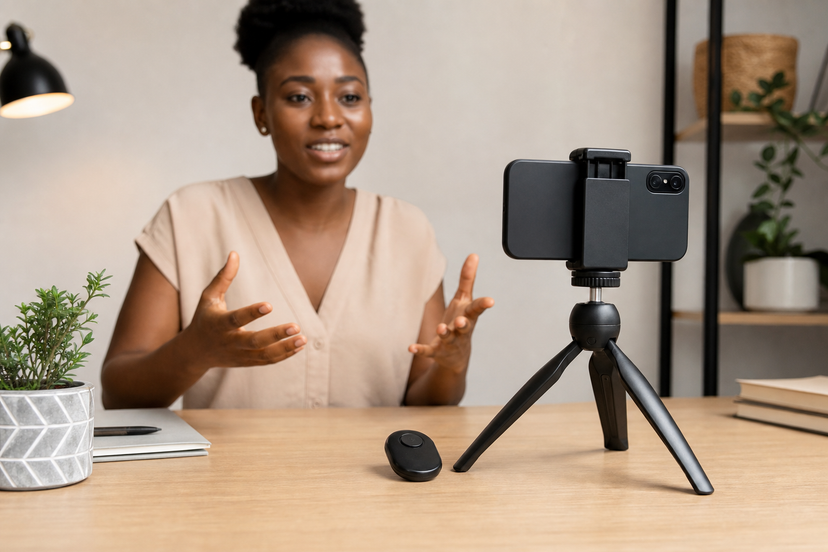 Creator recording with an unbranded smartphone and remote shutter accessory