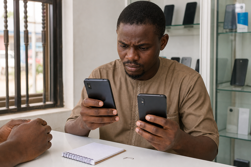 Buyer comparing two unbranded smartphones before purchase in a Nigerian phone shop