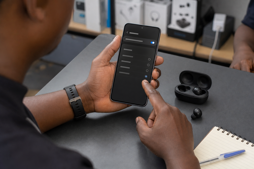 Buyer checking Bluetooth audio settings on an Android phone beside wireless earbuds
