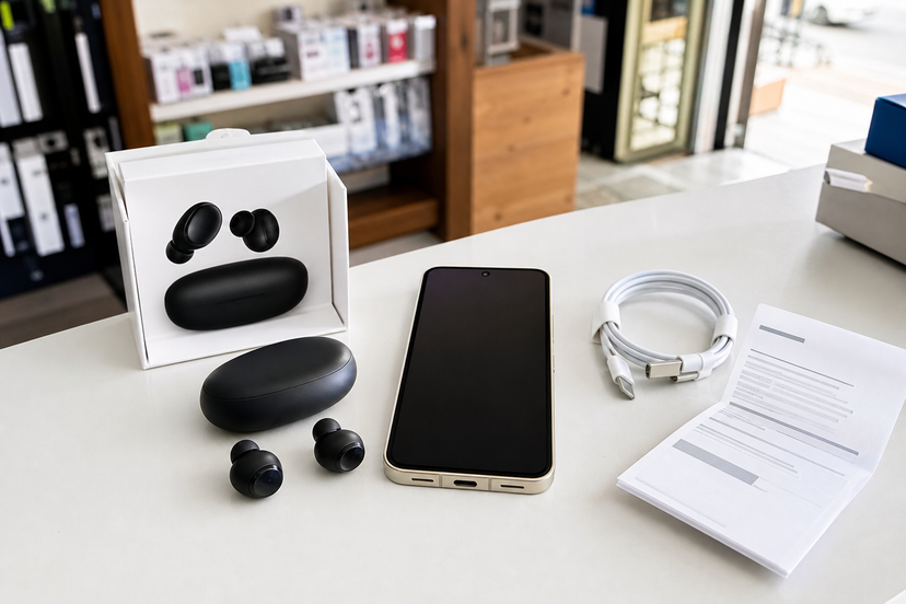 Wireless earbuds, Android phone and warranty paperwork on a Nigerian electronics counter