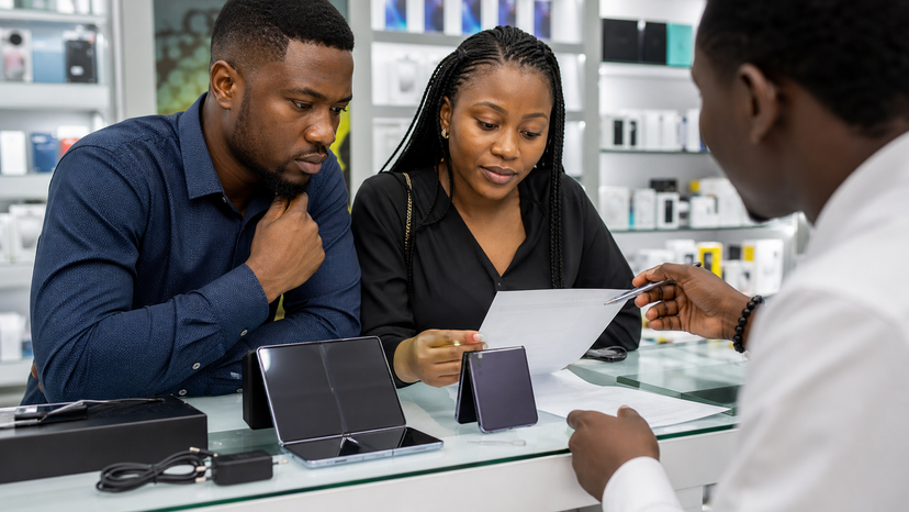 Realistic electronics retail counter scene with premium foldable phones and warranty paperwork, no logos or readable text