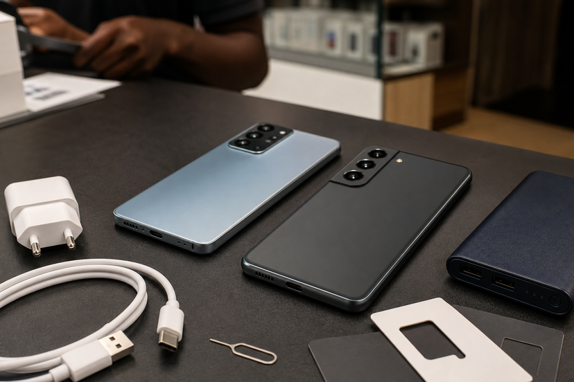 Two smartphones with charger, SIM tool and accessories on a retail desk