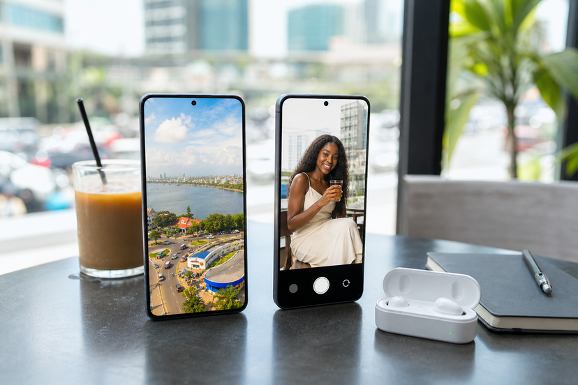Two large-screen smartphones used for photos and media in a city cafe setting