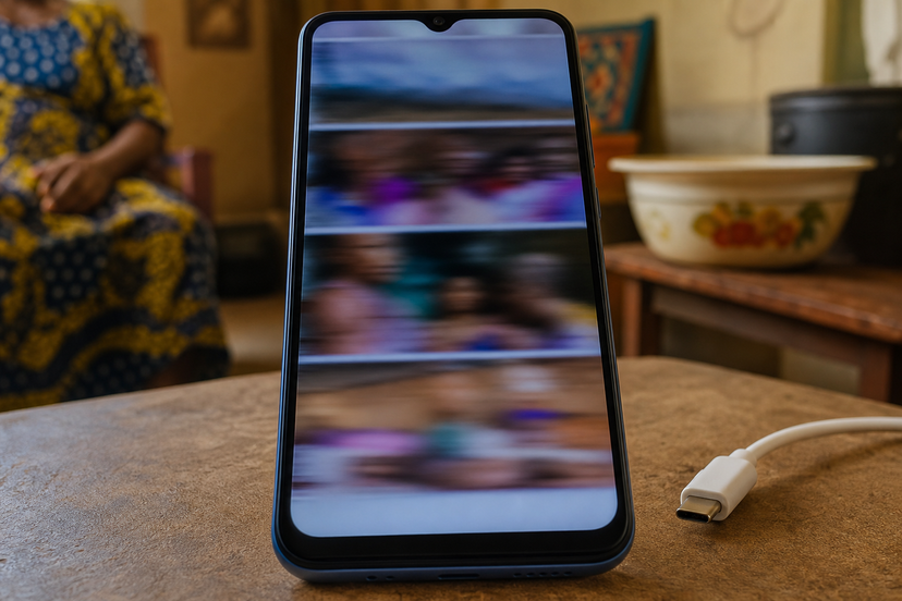 Budget smartphone display showing smooth scrolling with USB-C cable nearby