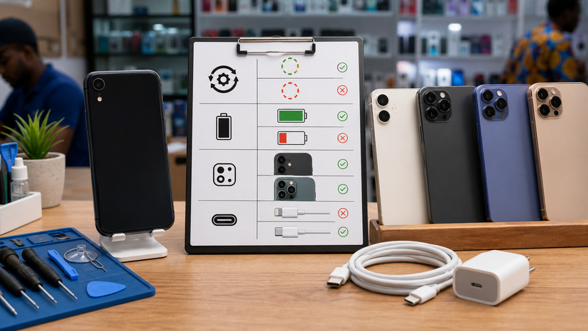 Annotated iPhone XR upgrade decision diagram comparing software support, battery, camera, and USB-C needs