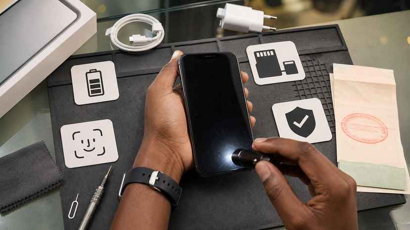 Used iPhone XR inspection checklist covering battery Face ID screen storage and warranty