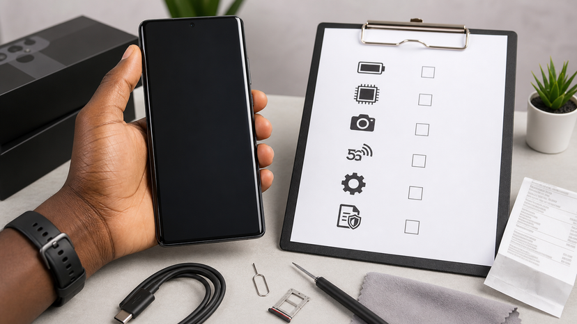 Samsung Galaxy S21 Ultra 2026 buying checklist diagram showing battery, storage, camera, 5G, software support, and warranty checks
