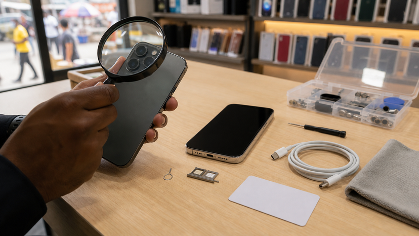 Checklist visual for inspecting a used flagship phone before buying in Nigeria