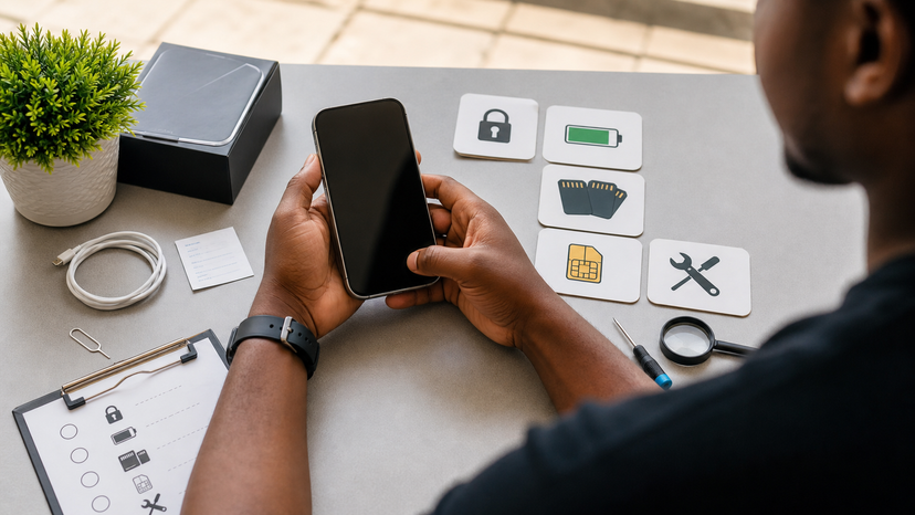 Used iPhone pre-purchase checklist showing Activation Lock, battery health, storage, and carrier lock checks