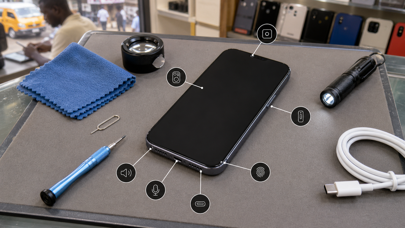 Annotated used iPhone hardware inspection diagram for display, cameras, buttons, speakers, microphones, and charging port