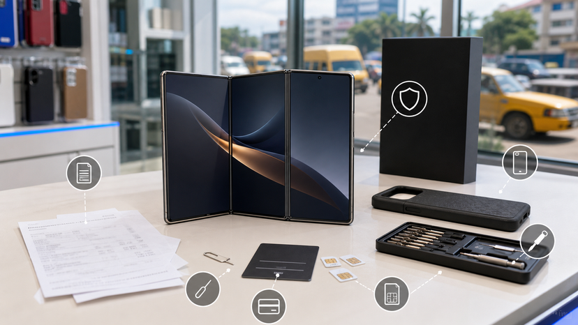 Annotated Samsung tri-fold phone buying checklist showing price, warranty, network and repair checks