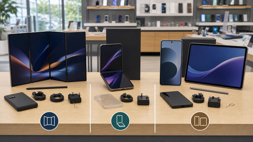 Comparison diagram showing tri-fold phone, standard foldable phone and phone plus tablet alternatives