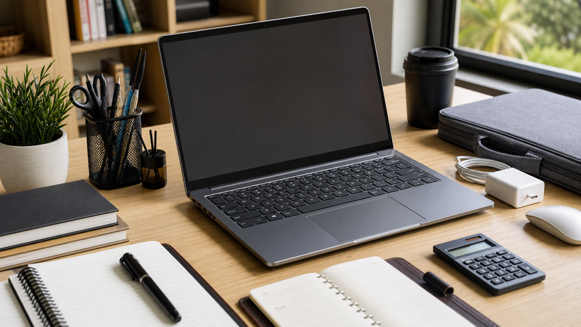 Premium 14-inch laptop open beside notebooks and office tools for productivity buying context