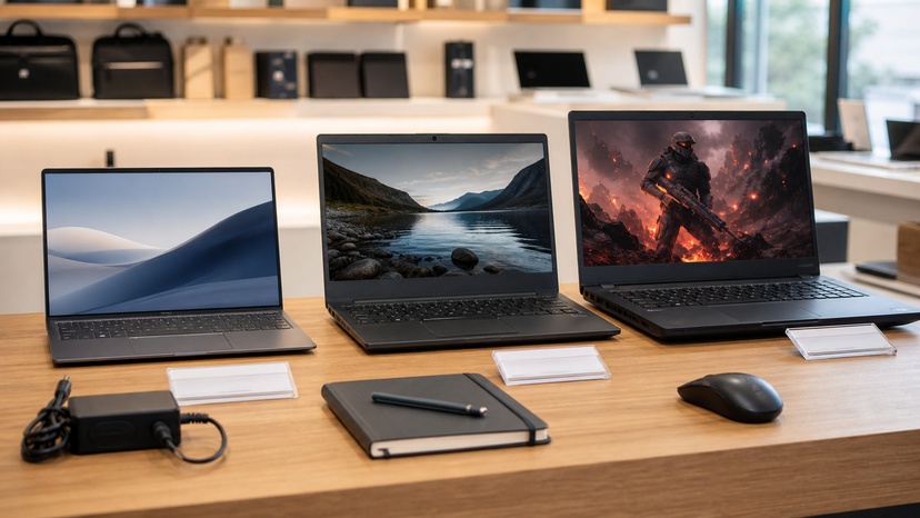 Laptop comparison scene showing a compact ultrabook, a business laptop, and a larger performance laptop without logos