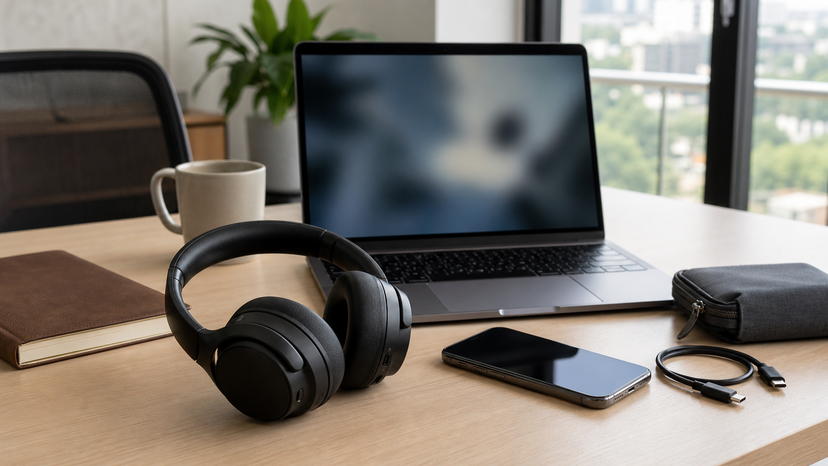 Over-ear wireless headphones beside a laptop and smartphone for multipoint listening