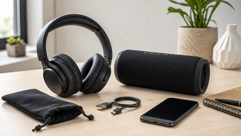 Wireless headphones and portable speaker side by side to show private listening versus shared audio choices