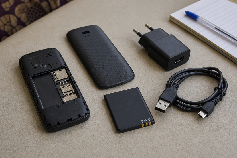 Removable feature phone battery beside a microUSB cable and wall charger