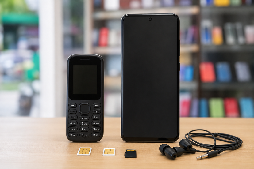 Small keypad phone beside a modern smartphone with SIM and microSD cards