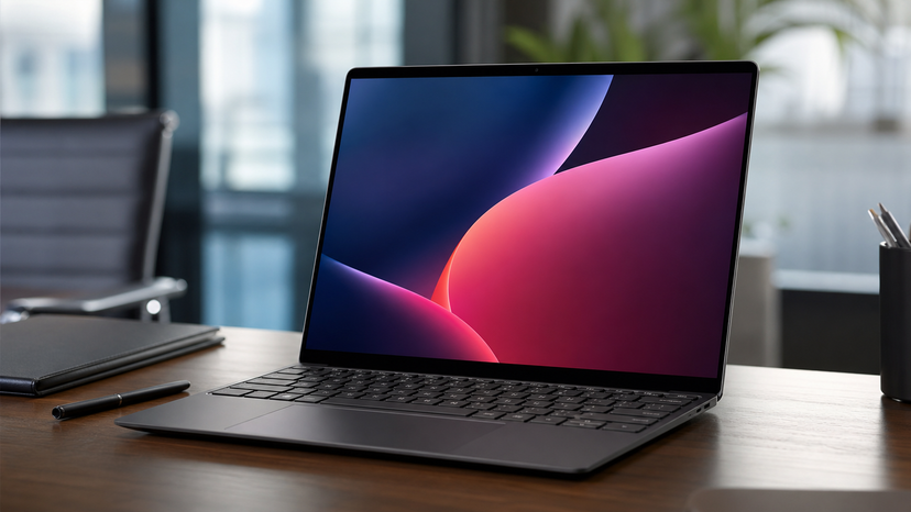 Close-up of a thin 14-inch laptop showing an OLED-like display and compact keyboard on an office desk, no logos or text