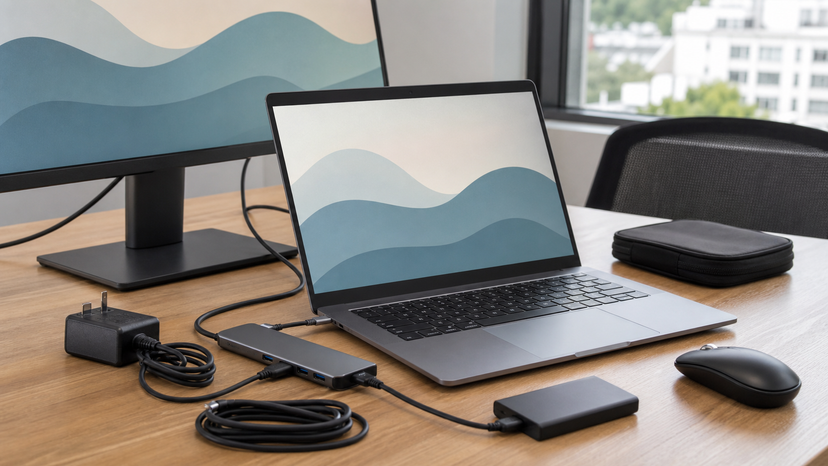 Workspace with a slim laptop connected to a USB-C hub, monitor cable, charger, and accessories, no readable labels