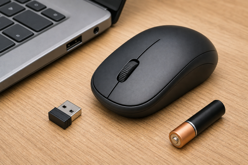 Wireless mouse, USB receiver and battery beside a laptop USB port