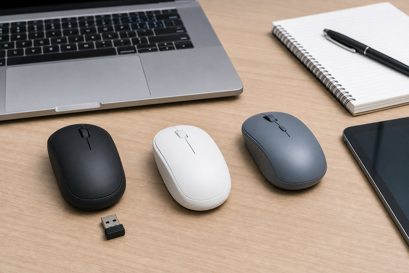 Three compact wireless mice arranged on a desk for comparison